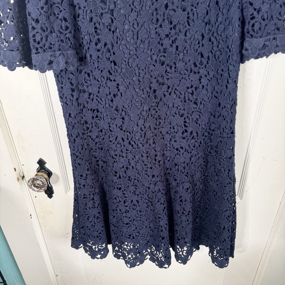 Rebecca Taylor Lace Sheath Dress Flutter Sleeves Navy Preppy Classy 100% Cotton - Picture 5 of 15